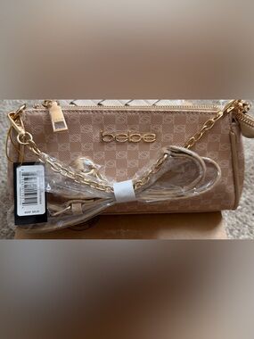 bebe Beige Textured Logo Shoulder Bag with Gold Hardware